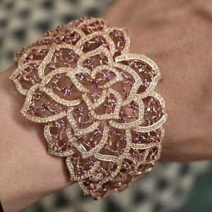 Pink tourmaline chrysanthemum rose gold plated sterling silver bangle